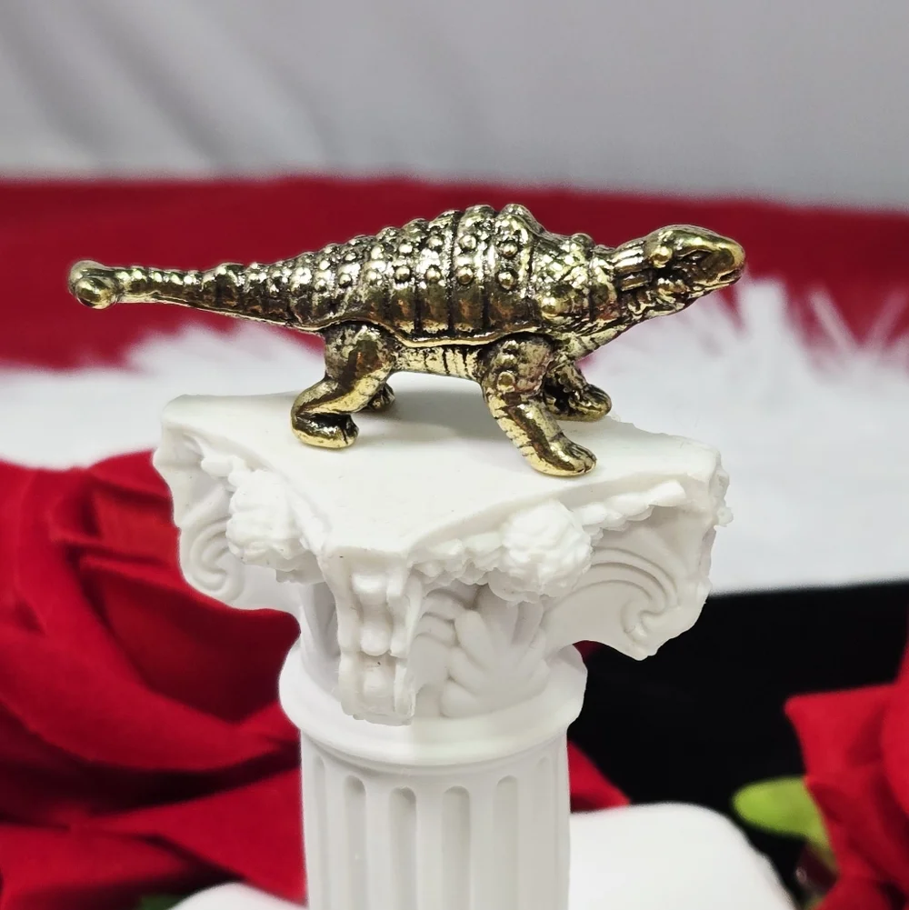 Mini Vintage Brass Ankylosaurus Dinosaur Figurine Gold Collectible Reptile Decor